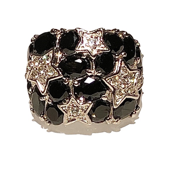 STERLING SILVER BLACK & CLEAR CRYSTALS NIGHT SKY WITH STARS COCKTAIL RING SIZE 7 - Picture 7 of 16